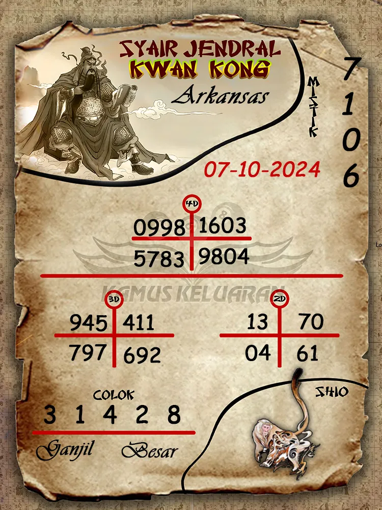 syair jendral kwan kong arkansas 07 10 2024